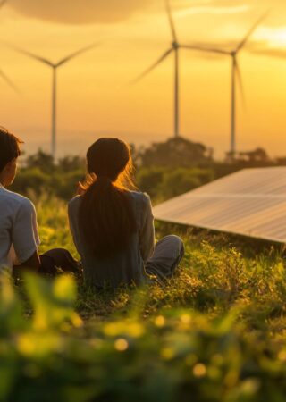 Group of people watching sunset over renewable energy farm. Group of people watching sunset over renewable energy farm.