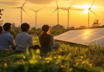 Group of people watching sunset over renewable energy farm. Group of people watching sunset over renewable energy farm.