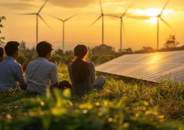 Group of people watching sunset over renewable energy farm. Group of people watching sunset over renewable energy farm.